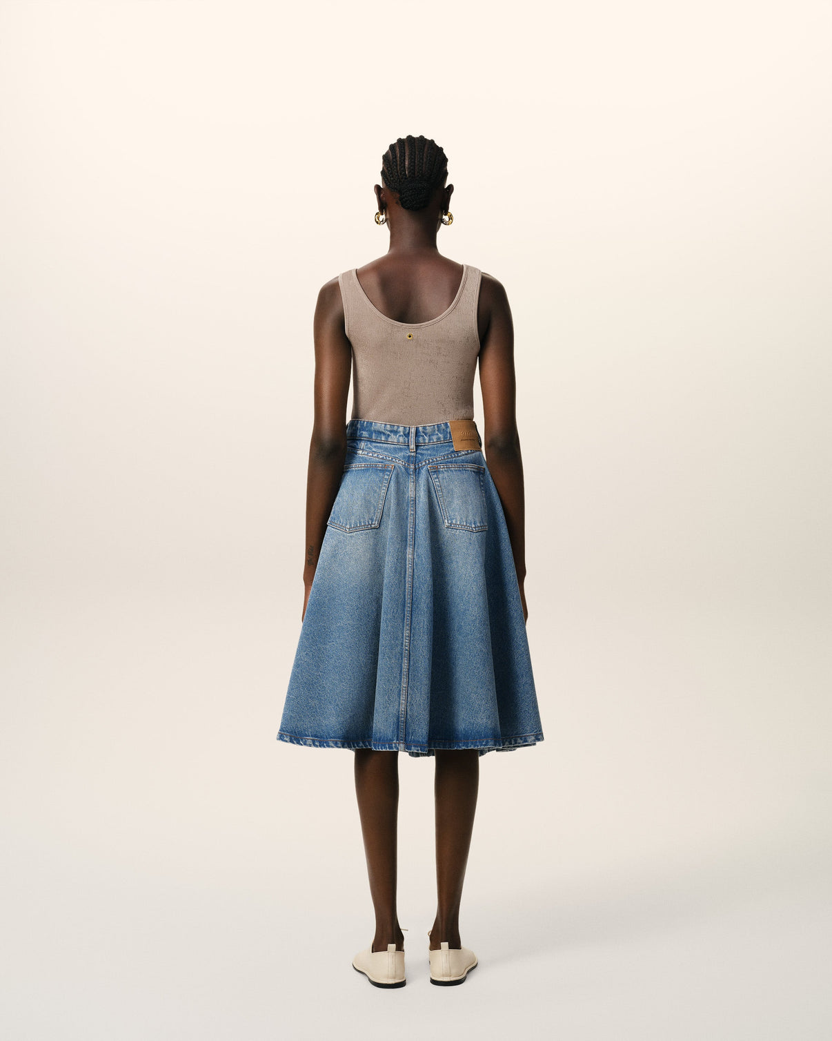 Blue Cotton Midi Skirt With Godets