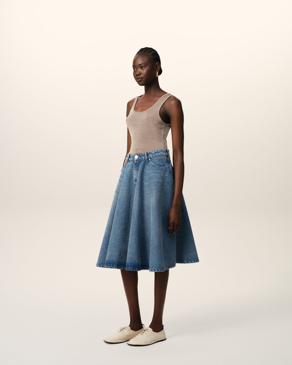 Blue Cotton Midi Skirt With Godets