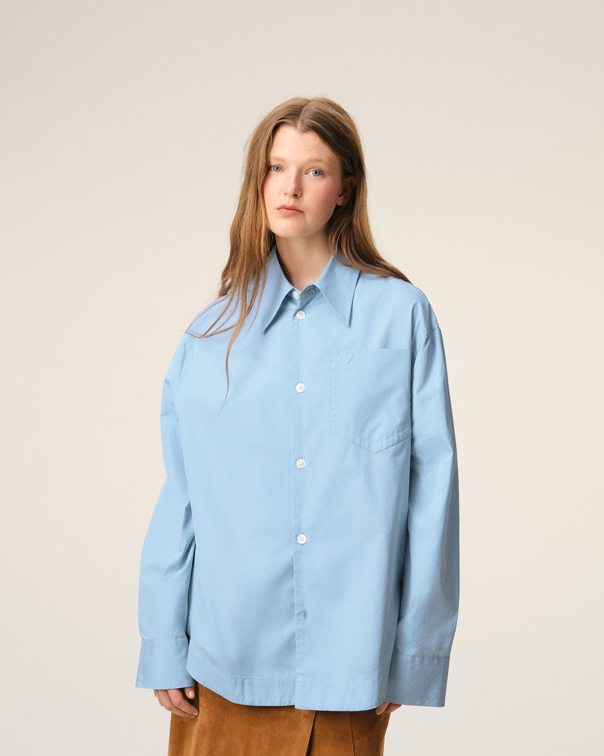 Blue Cotton Sharp Collar Wide Shirt