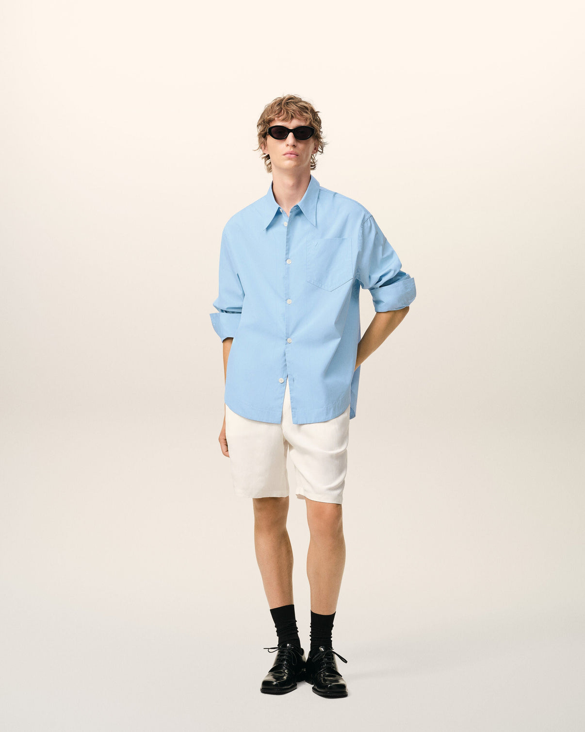 Blue Cotton Sharp Collar Wide Shirt
