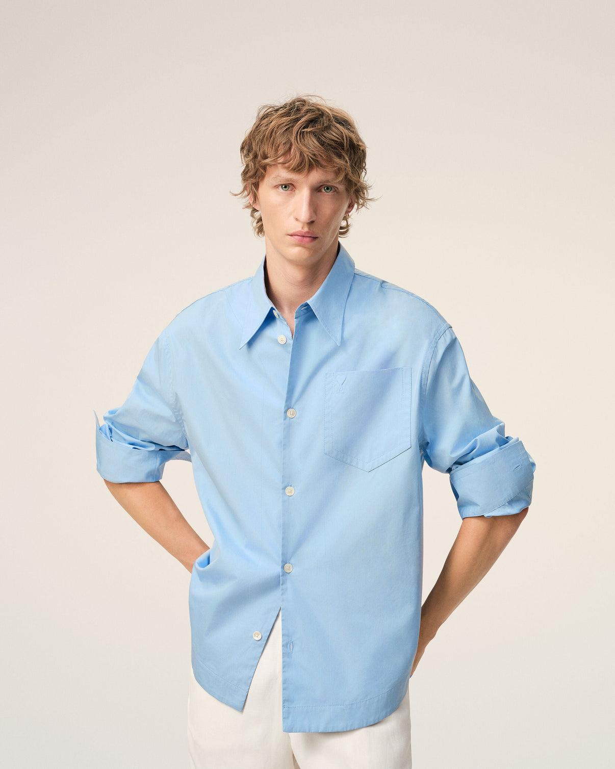 Blue Cotton Sharp Collar Wide Shirt