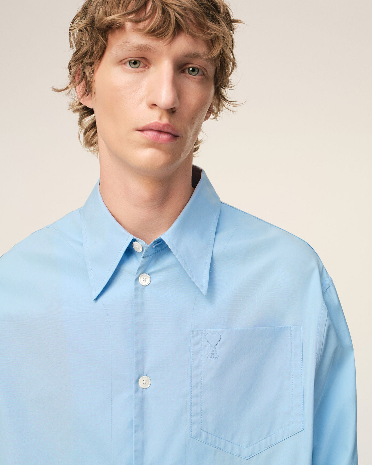 Blue Cotton Sharp Collar Wide Shirt