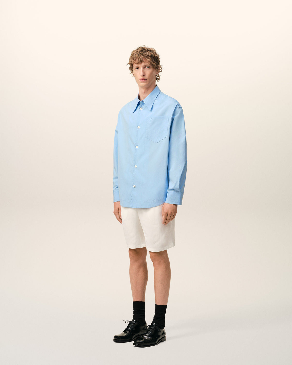 Blue Cotton Sharp Collar Wide Shirt