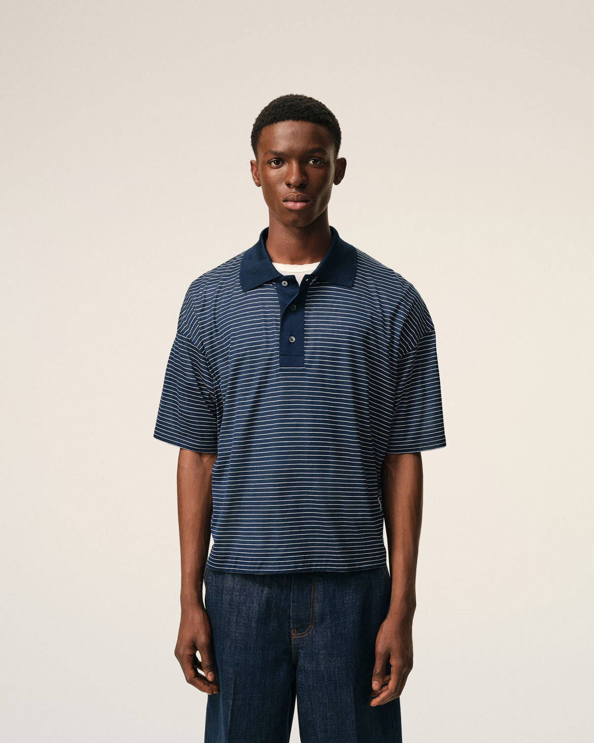 Blue Cotton Striped Polo
