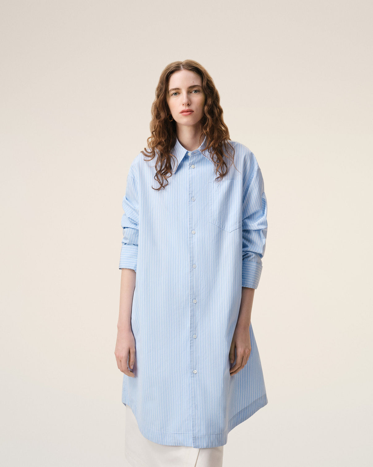 Blue Cotton Wide Shirt Dress