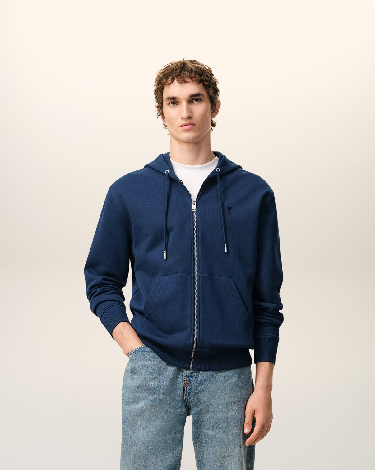 Blue Cotton Zipped Hoodie