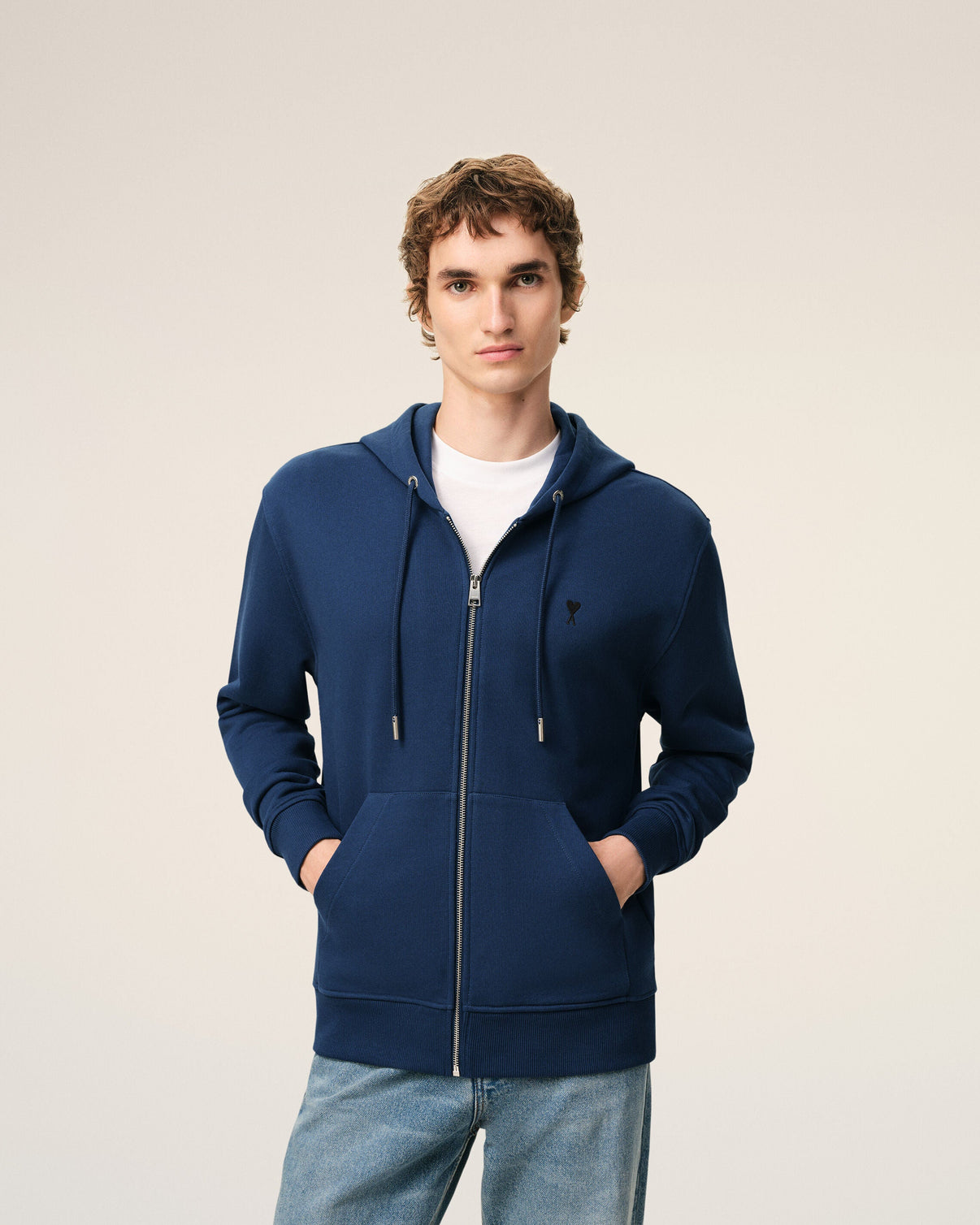 Blue Cotton Zipped Hoodie