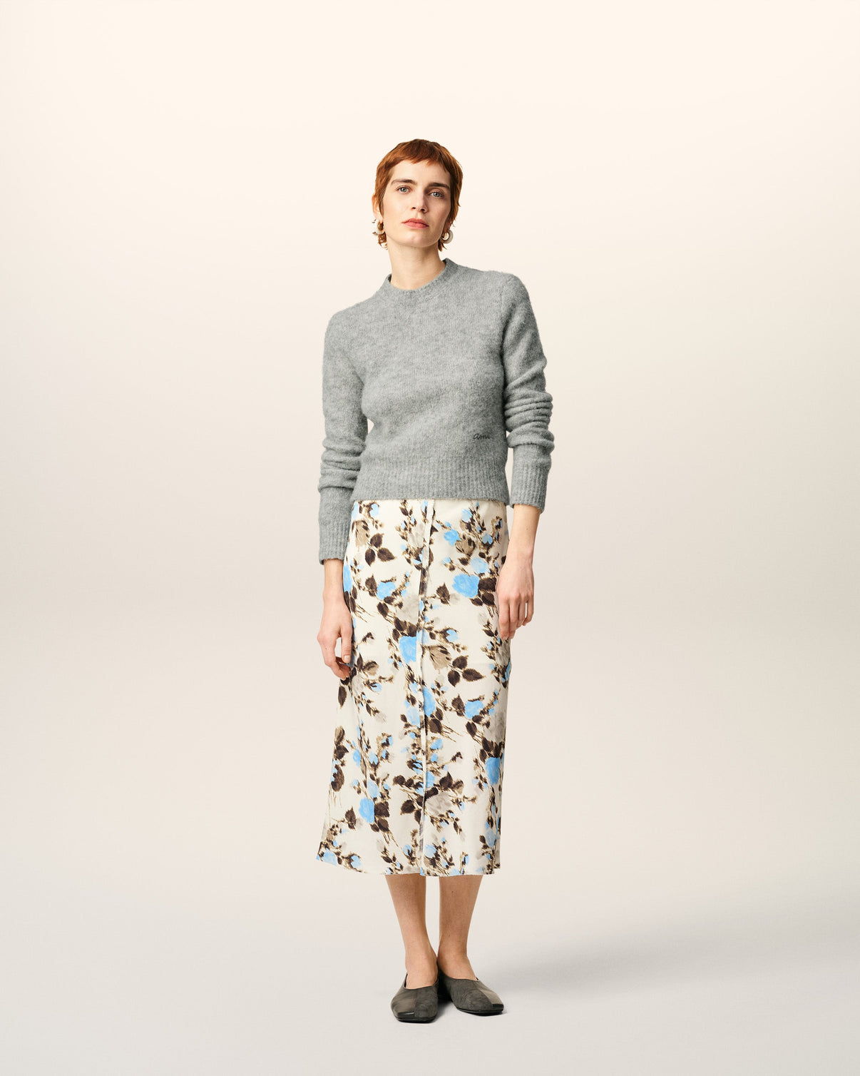 Blue Flower Printed Raw Edges Details Midi Skirt
