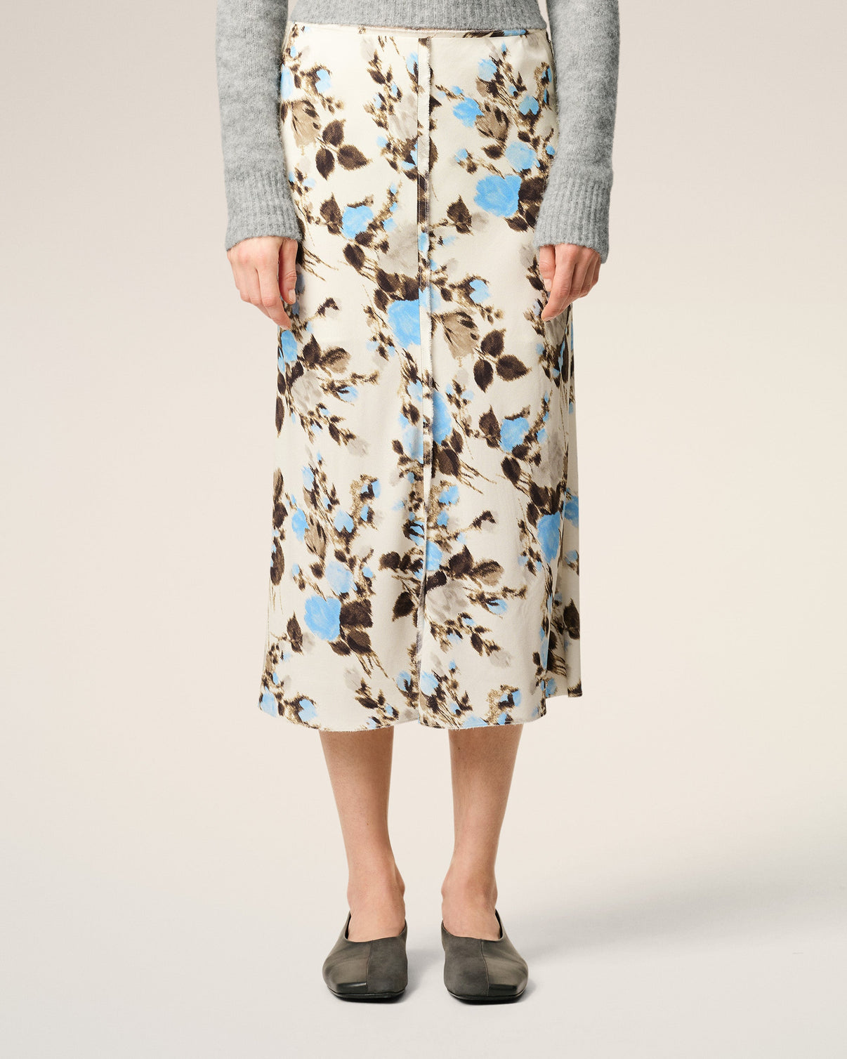 Blue Flower Printed Raw Edges Details Midi Skirt