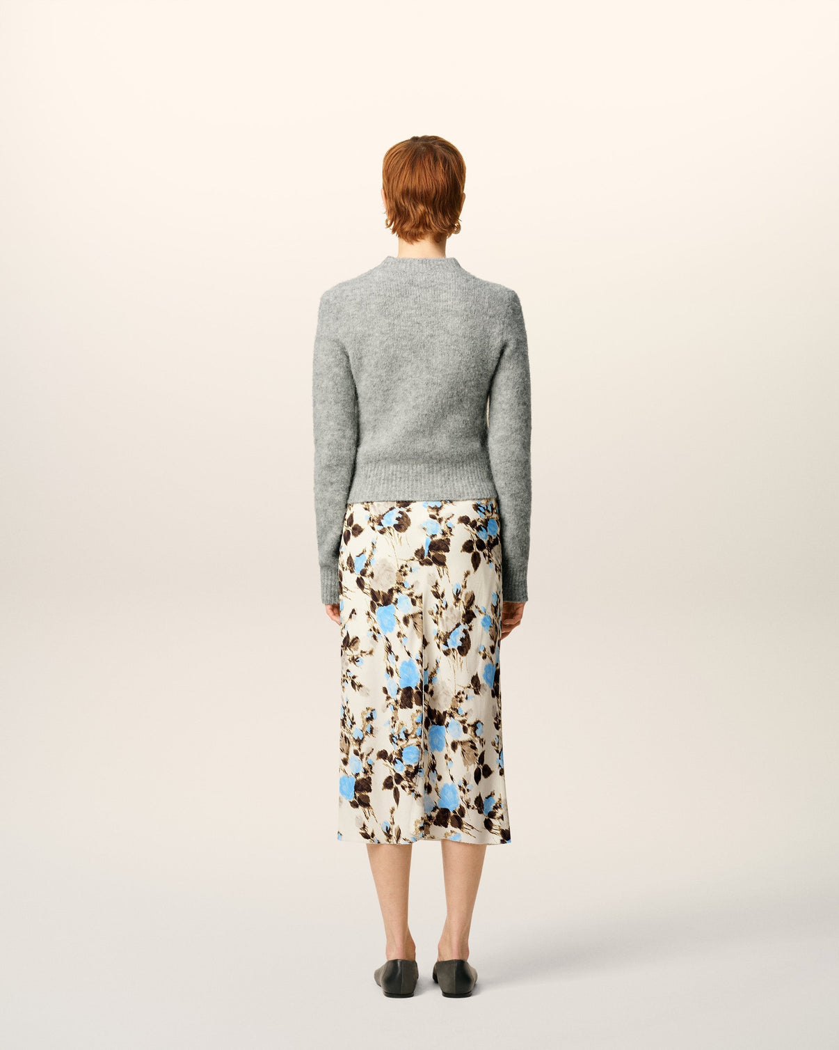 Blue Flower Printed Raw Edges Details Midi Skirt