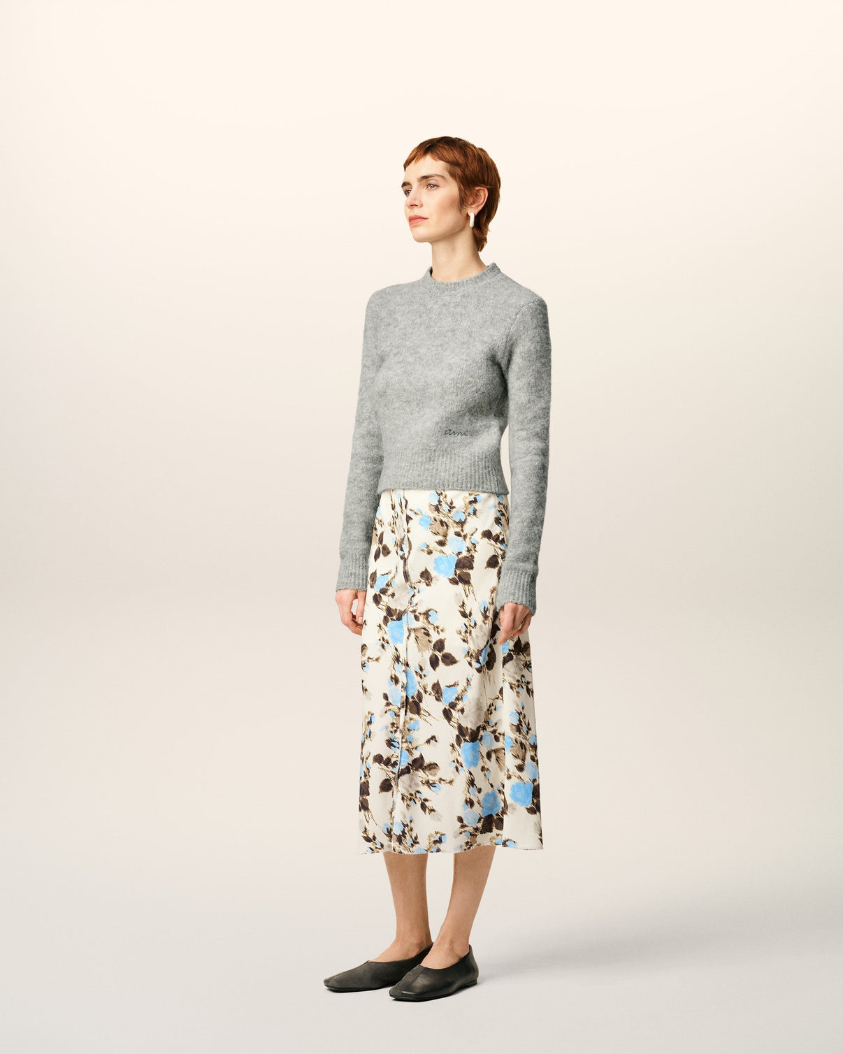 Blue Flower Printed Raw Edges Details Midi Skirt