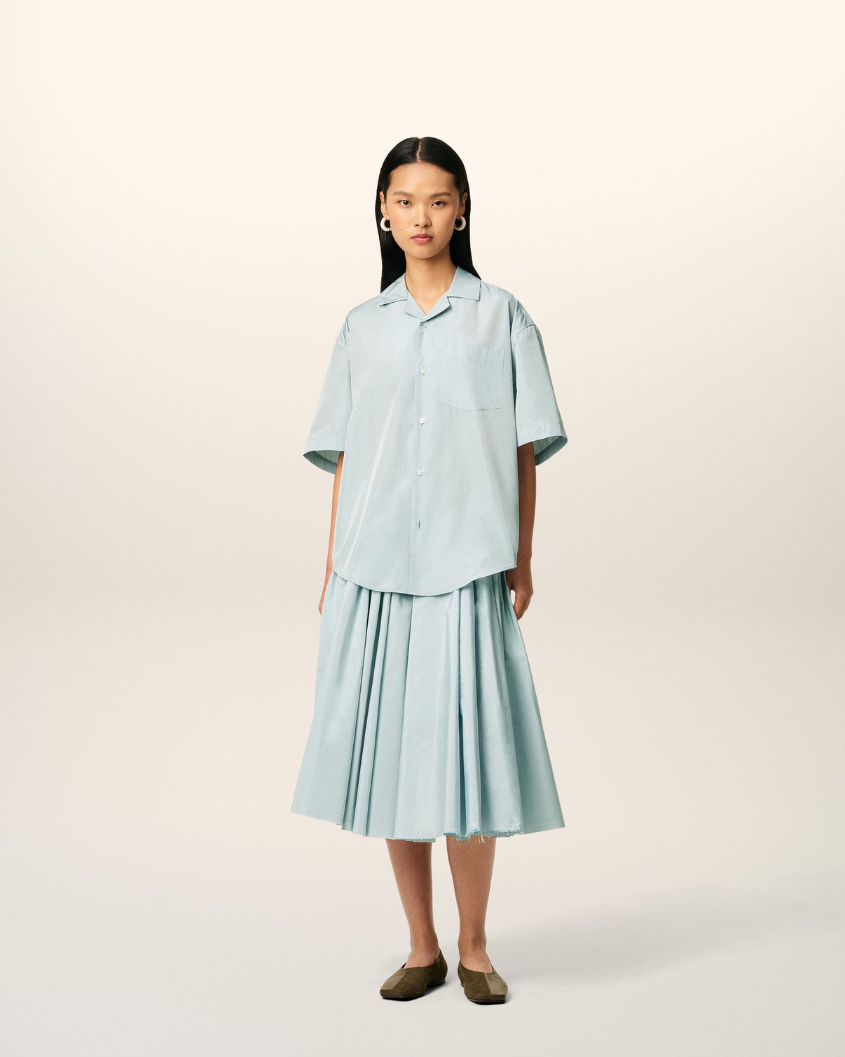 Blue Taffetas Short Sleeved Boxy Shirt