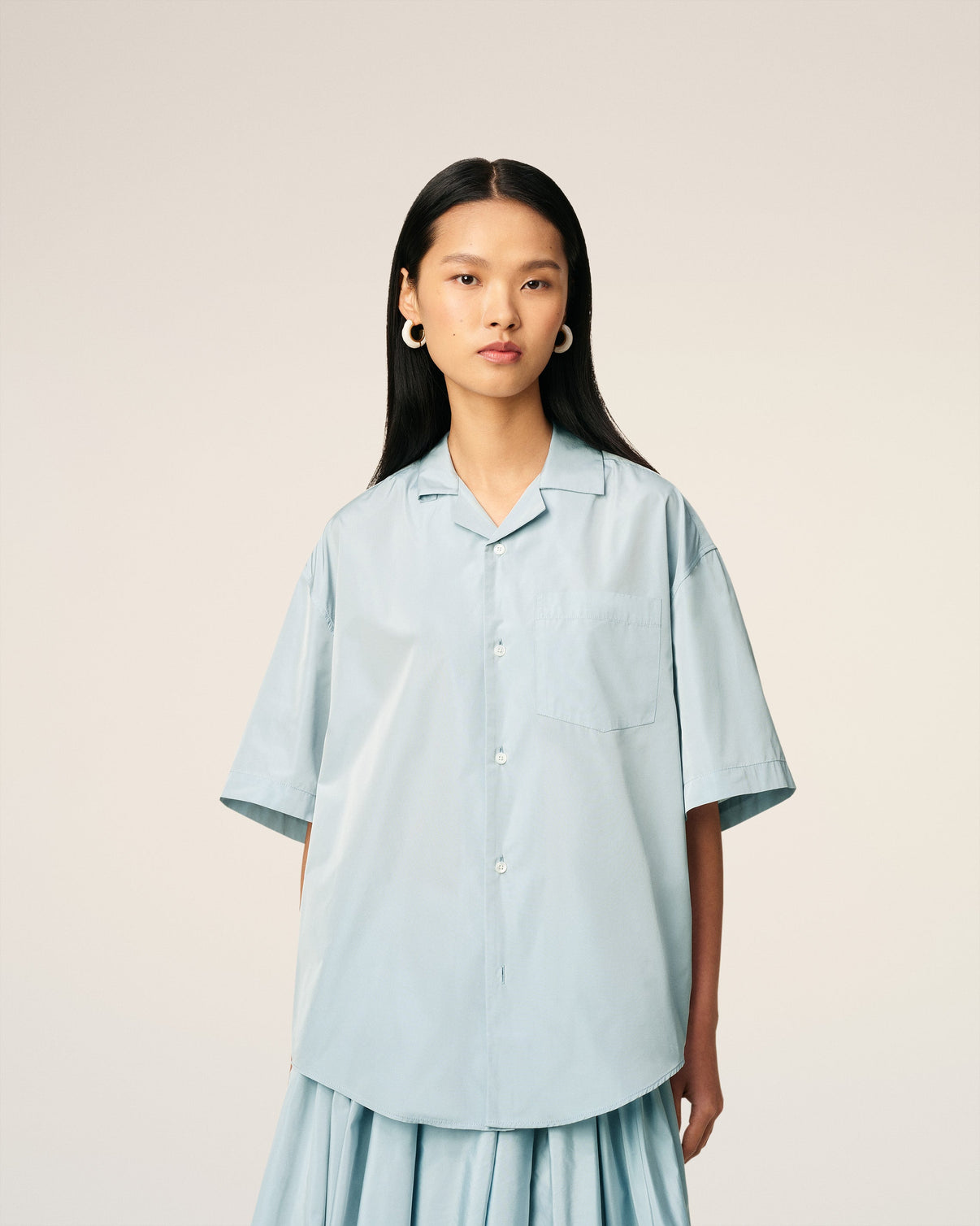 Blue Taffetas Short Sleeved Boxy Shirt