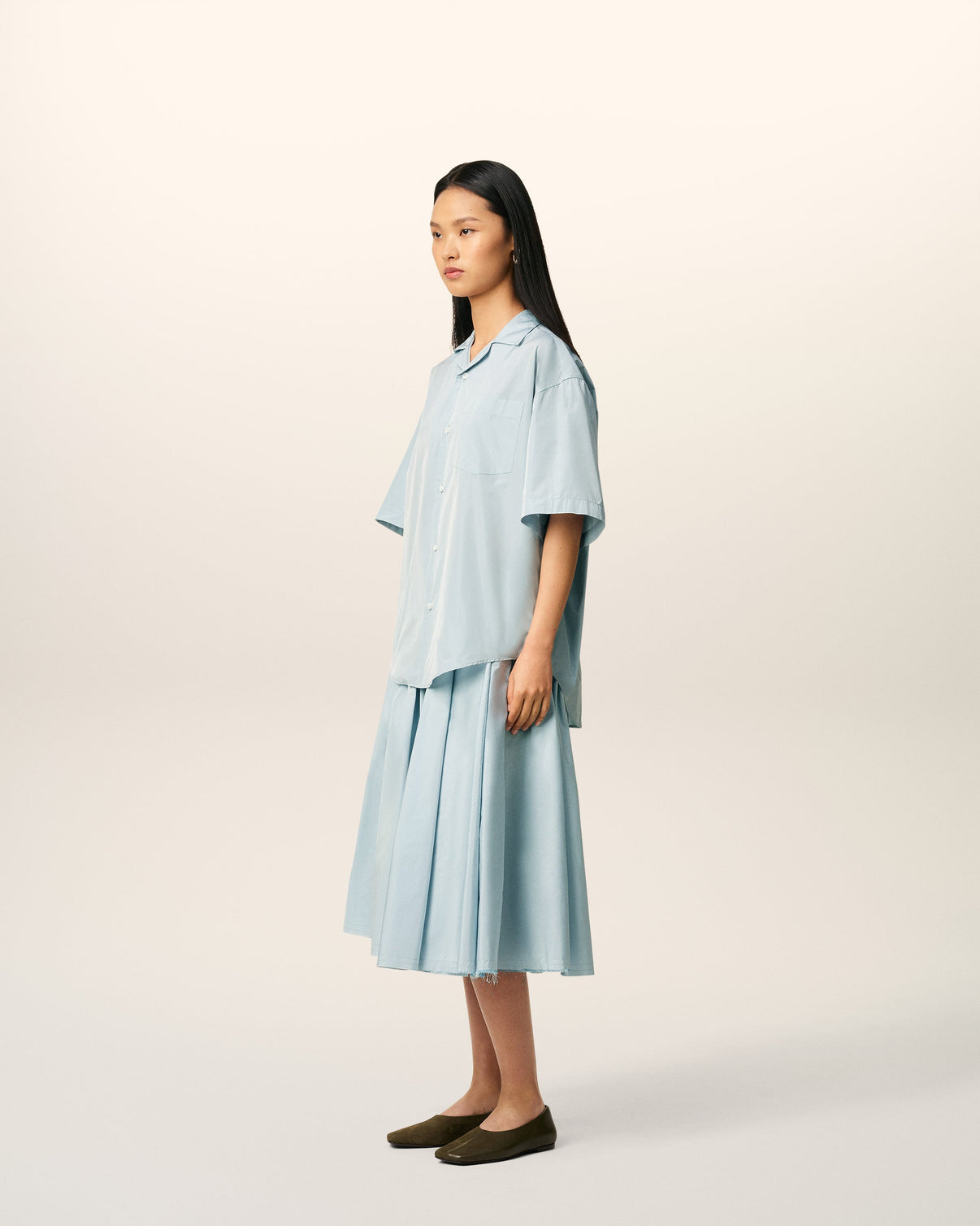 Blue Taffetas Short Sleeved Boxy Shirt