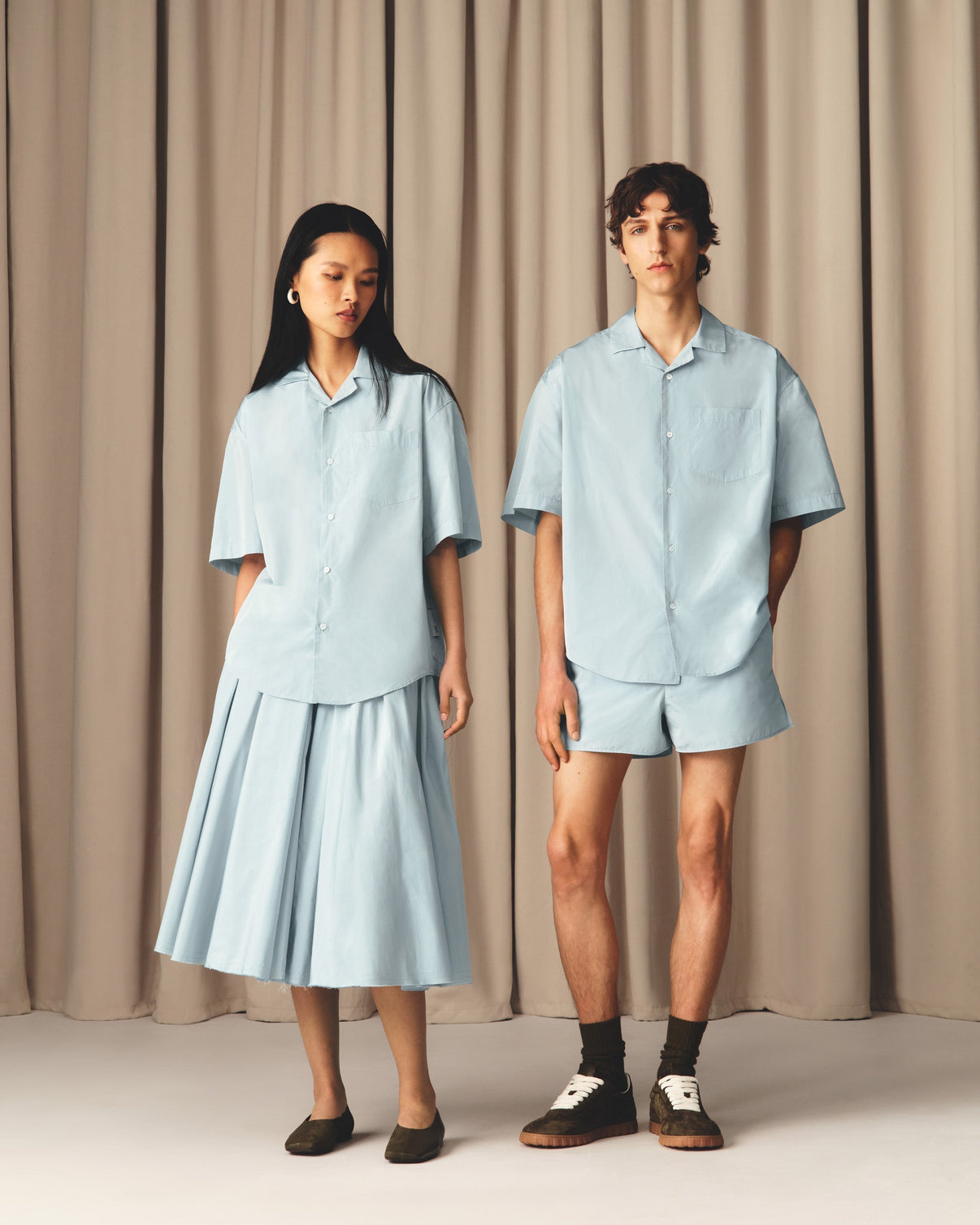 Blue Taffetas Short Sleeved Boxy Shirt