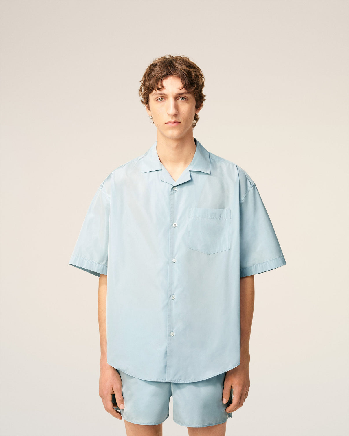 Blue Taffetas Short Sleeved Boxy Shirt