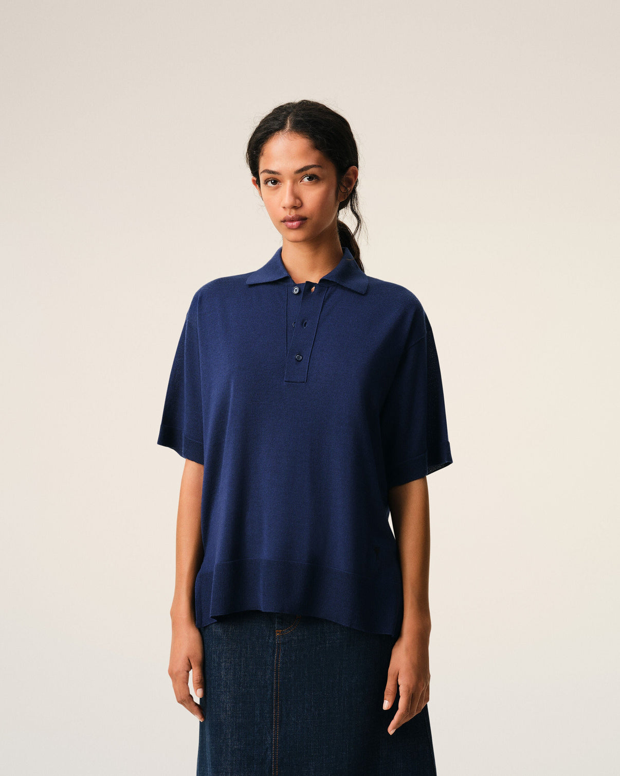 Blue Thin Wool Short Sleeves Polo