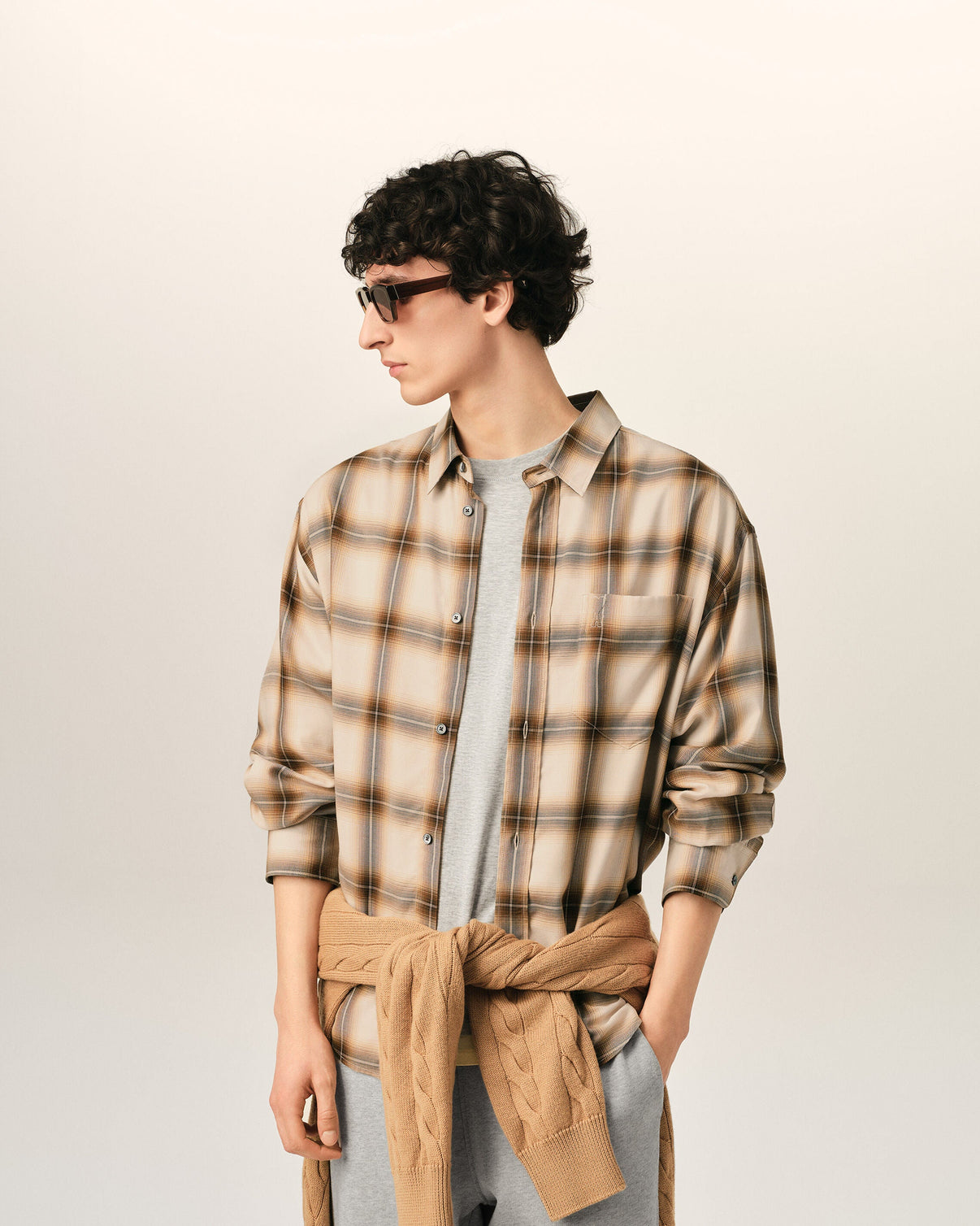 Boxy Beige Checkered Shirt In Canvas