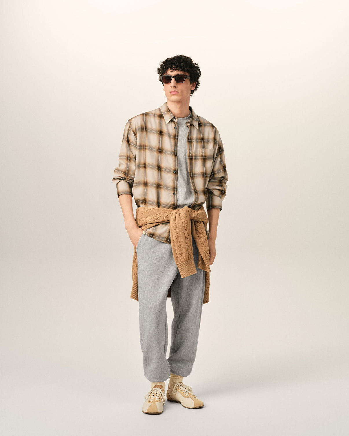 Boxy Beige Checkered Shirt In Canvas