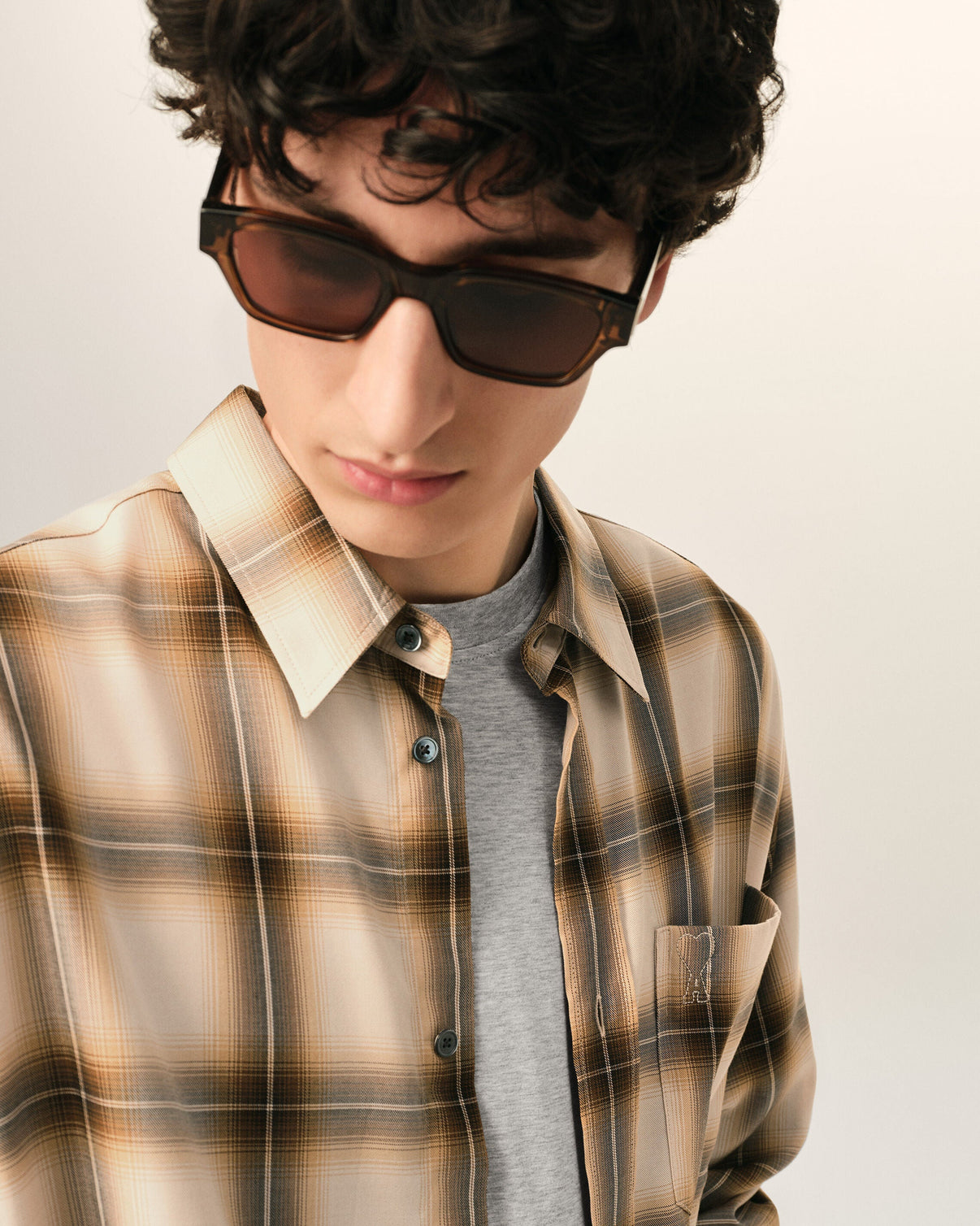 Boxy Beige Checkered Shirt In Canvas