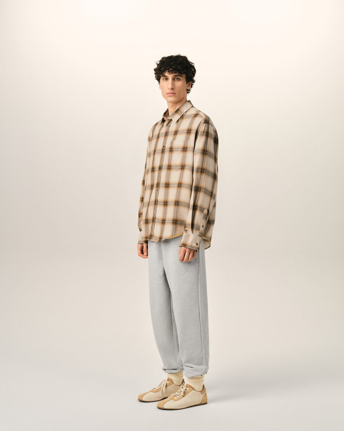 Boxy Beige Checkered Shirt In Canvas