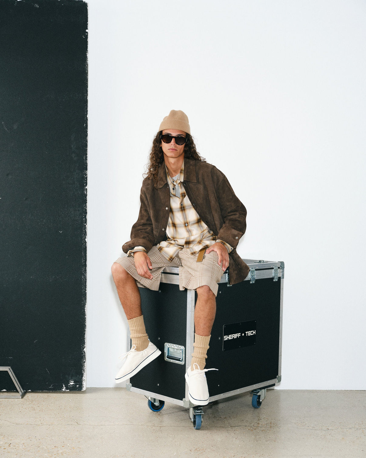 Boxy Beige Checkered Shirt In Canvas