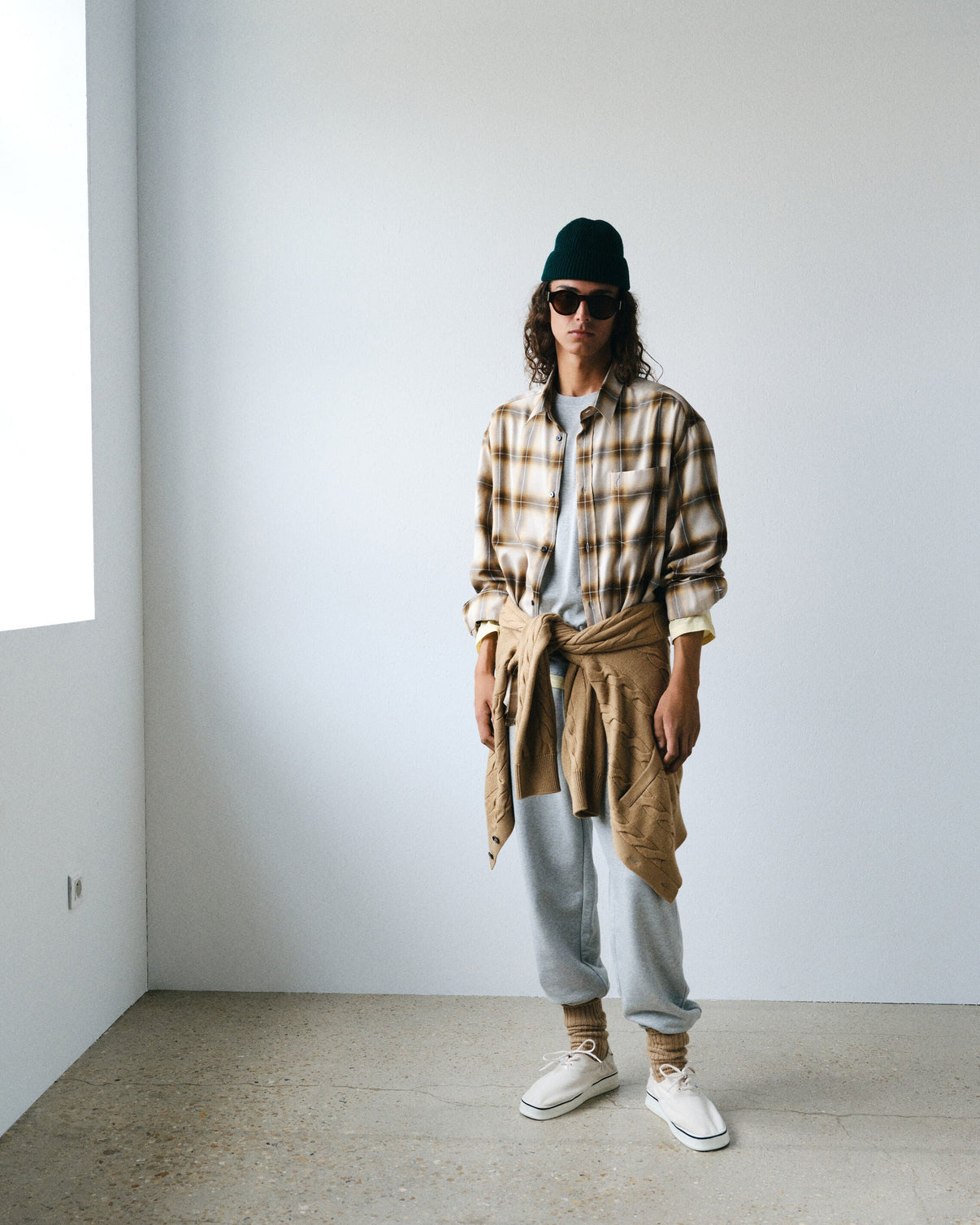 Boxy Beige Checkered Shirt In Canvas