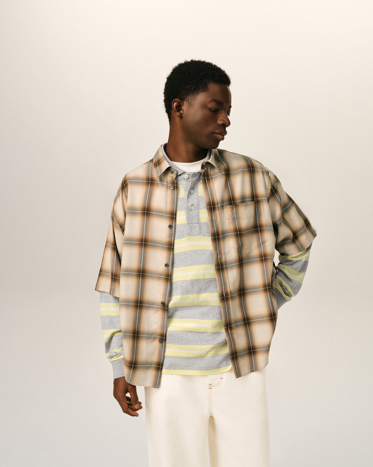 Boxy Beige Checkered Shirt In Canvas