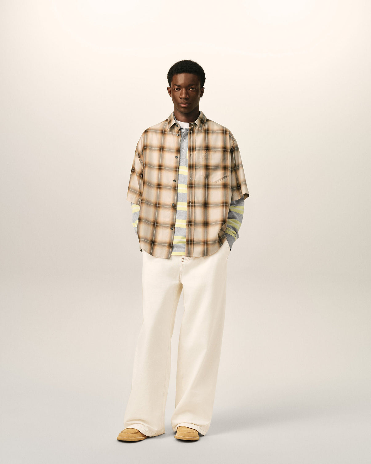 Boxy Beige Checkered Shirt In Canvas
