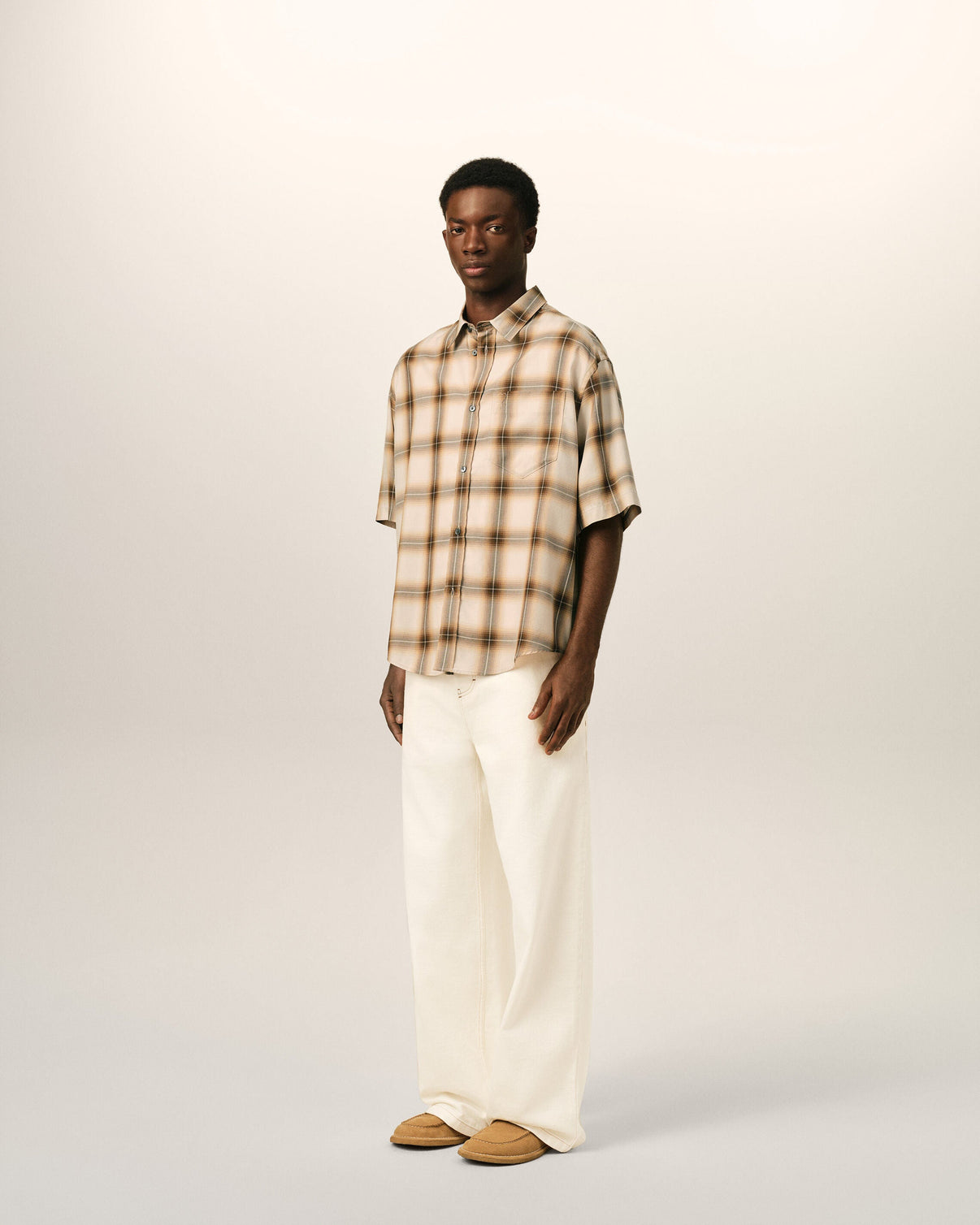 Boxy Beige Checkered Shirt In Canvas