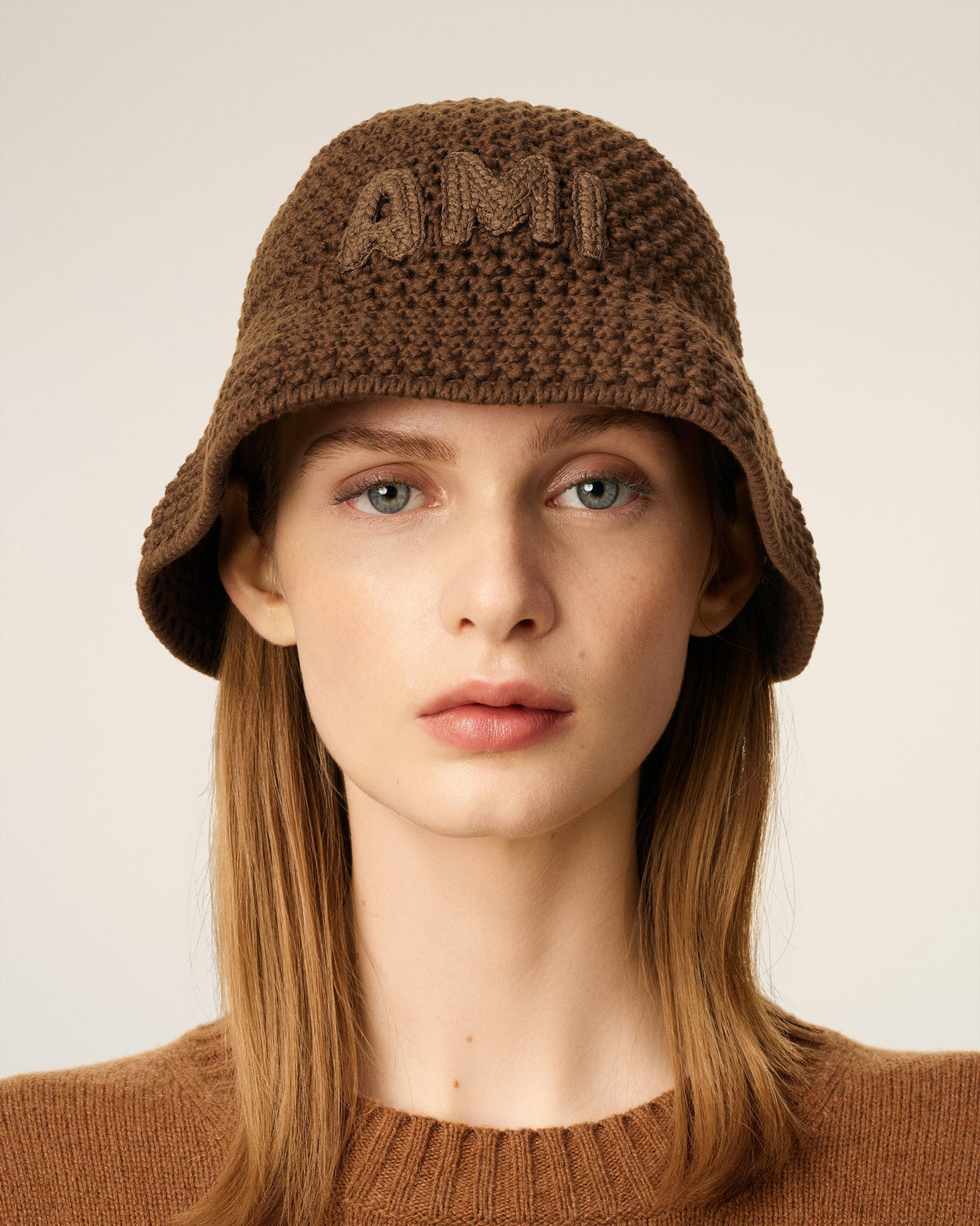 Brown Cotton Knitted Patch Bucket Hat