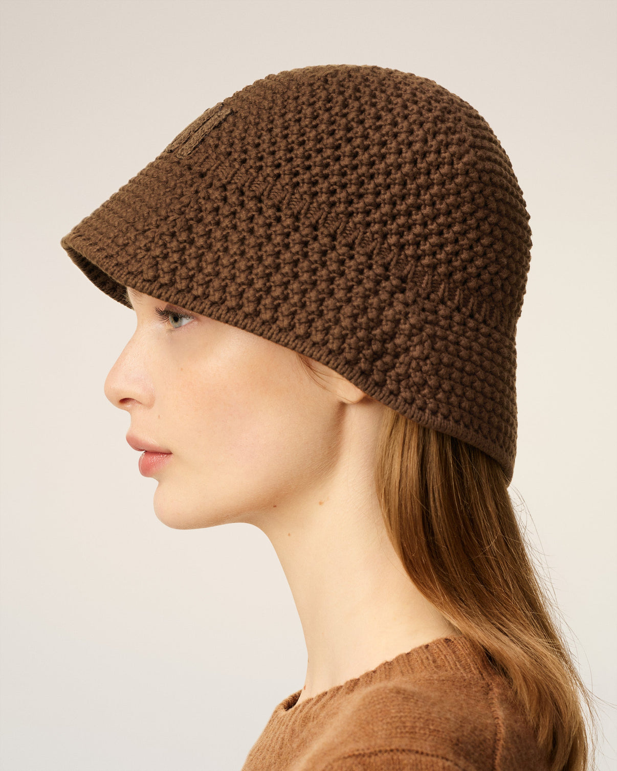 Brown Cotton Knitted Patch Bucket Hat