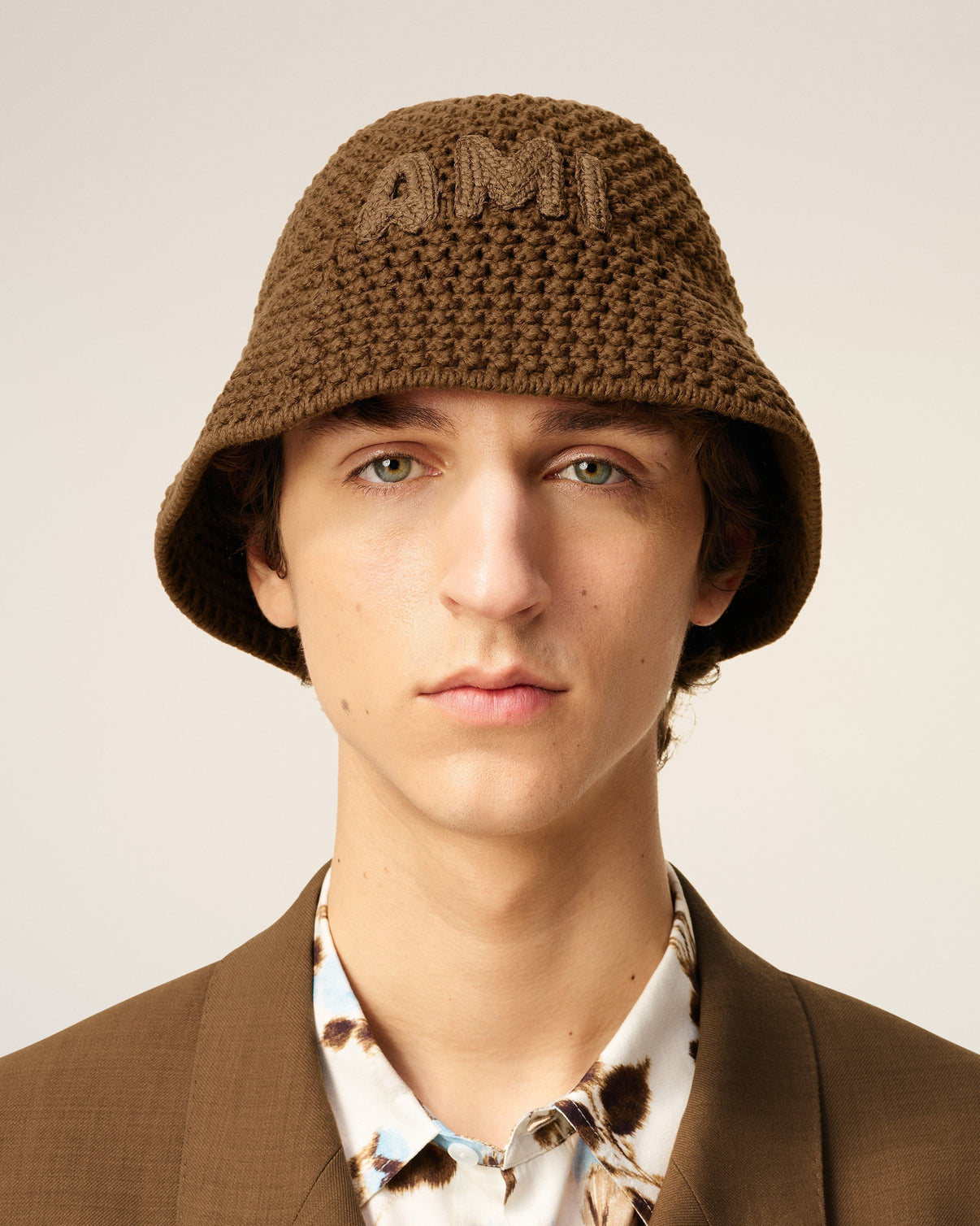 Brown Cotton Knitted Patch Bucket Hat