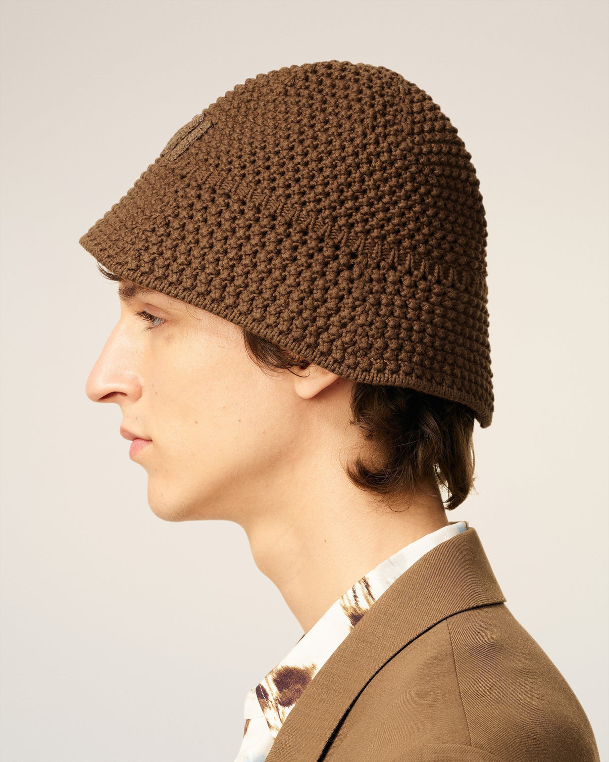 Brown Cotton Knitted Patch Bucket Hat