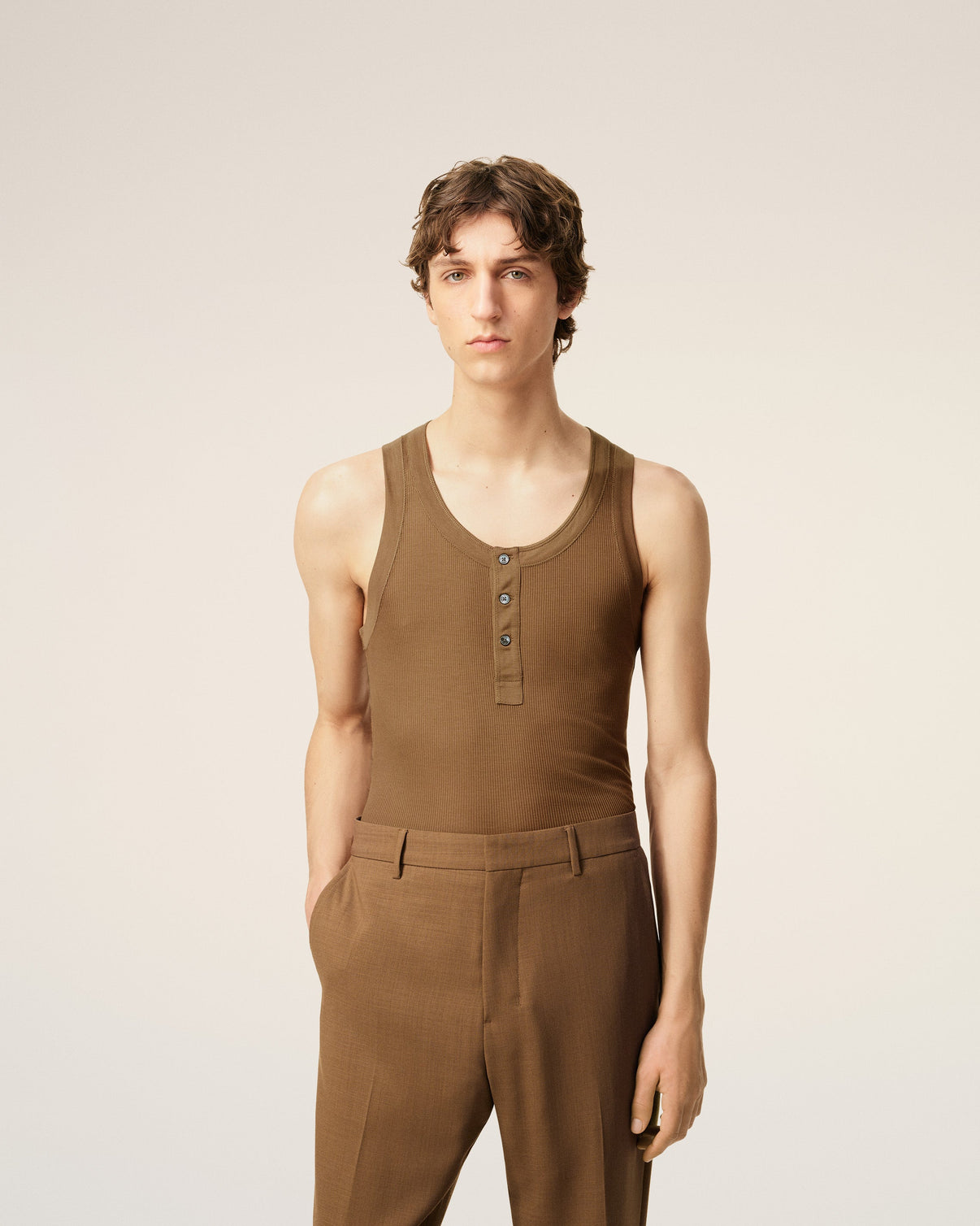 Brown Jersey Buttoned Placket Tanktop