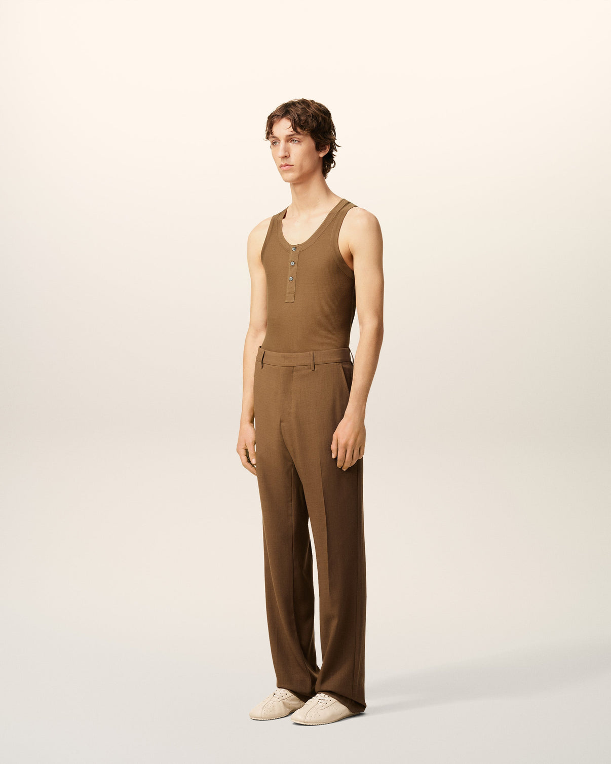 Brown Jersey Buttoned Placket Tanktop