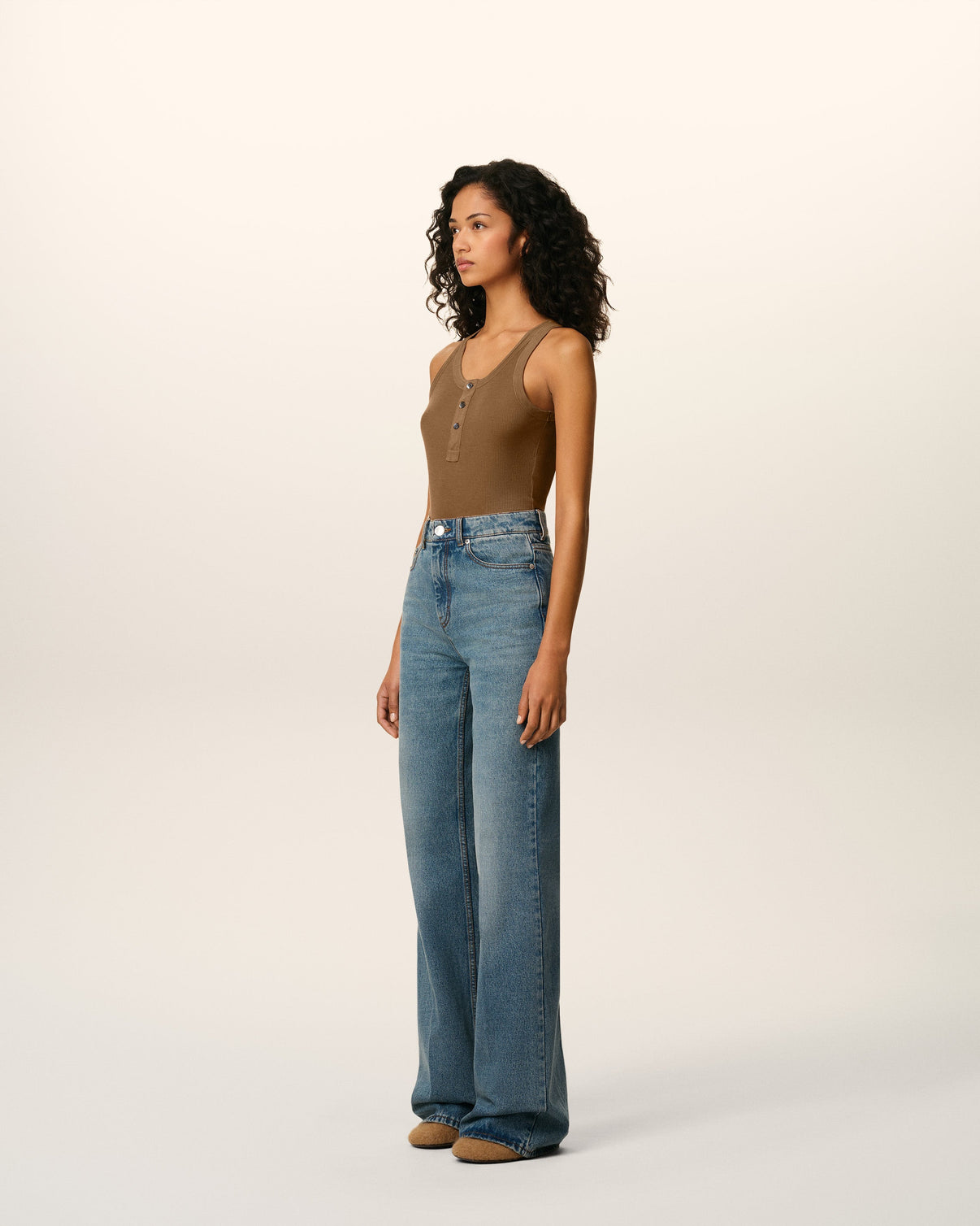 Brown Jersey Tanktop With Buttoned Placket