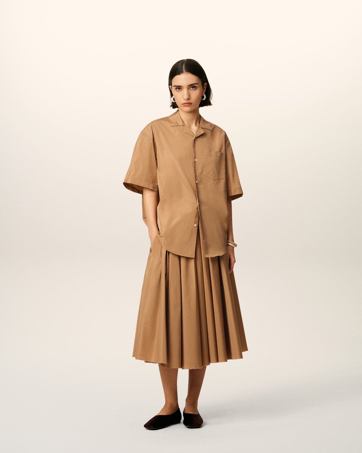 Brown Taffetass Short Sleeved Boxy Shirt