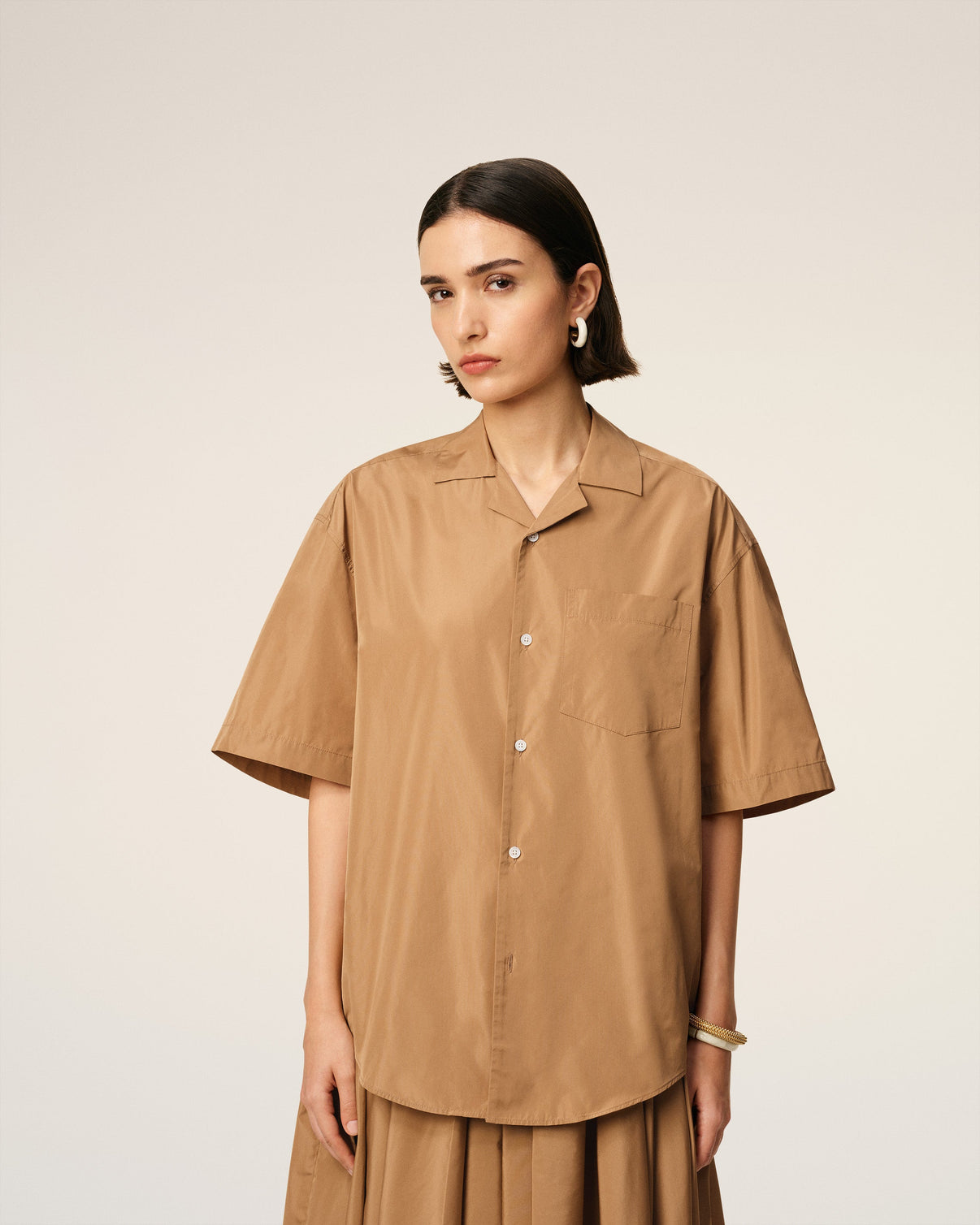 Brown Taffetass Short Sleeved Boxy Shirt