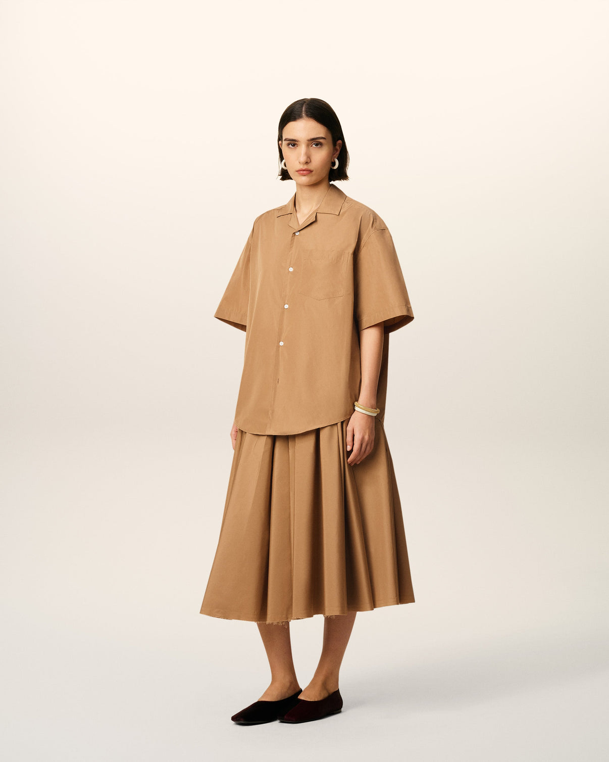 Brown Taffetass Short Sleeved Boxy Shirt
