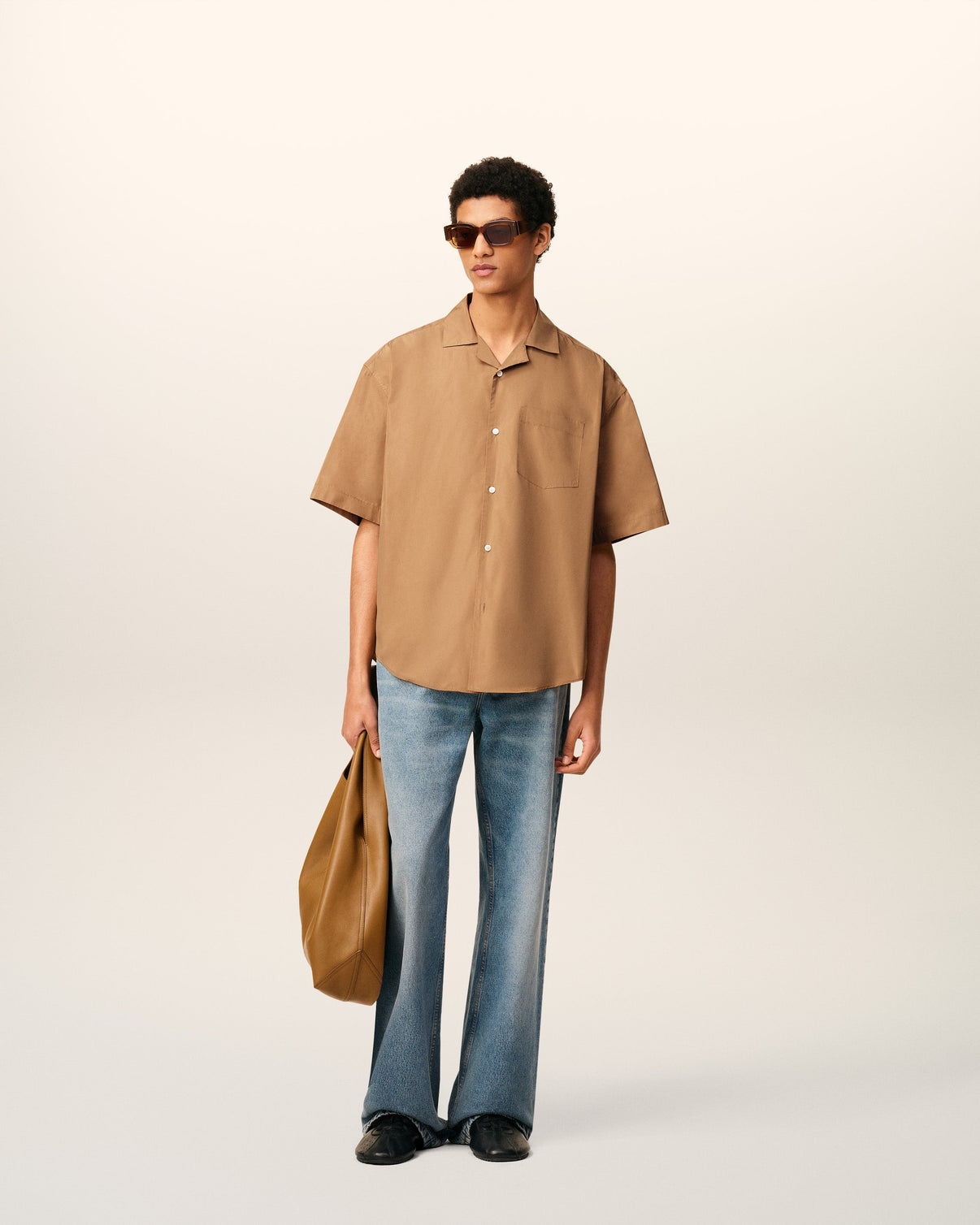 Brown Taffetass Short Sleeved Boxy Shirt