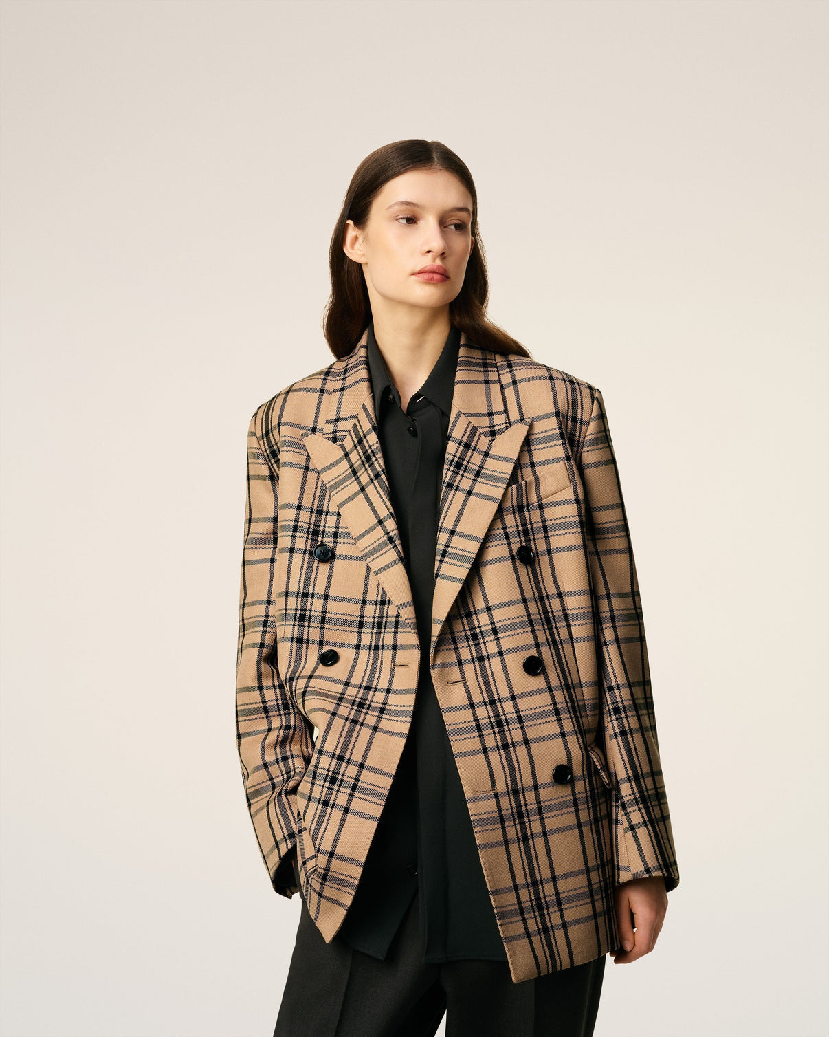 Brown Wool Checked Loose Double Breasted Jacket