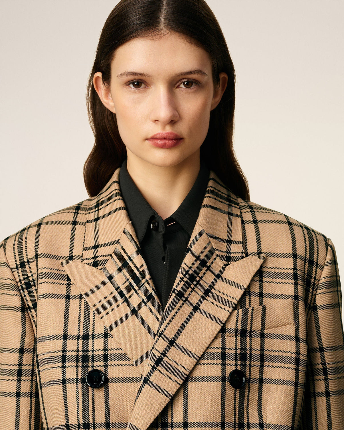 Brown Wool Checked Loose Double Breasted Jacket