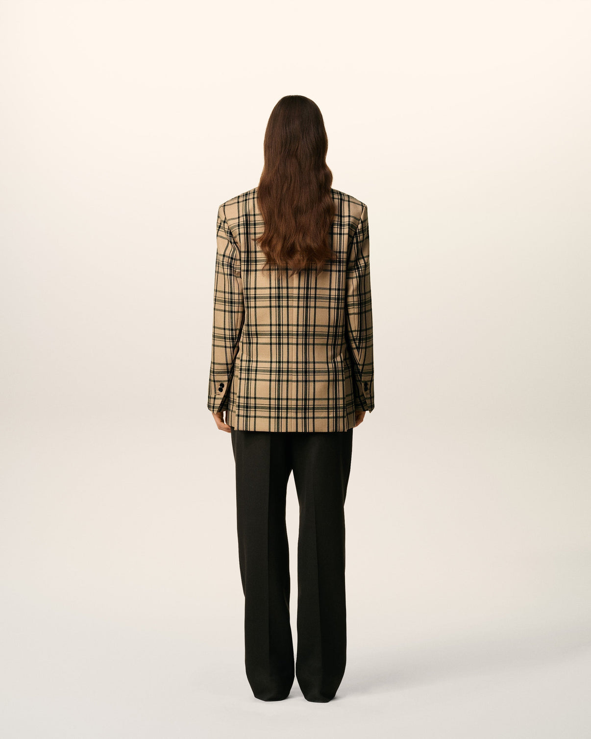 Brown Wool Checked Loose Double Breasted Jacket