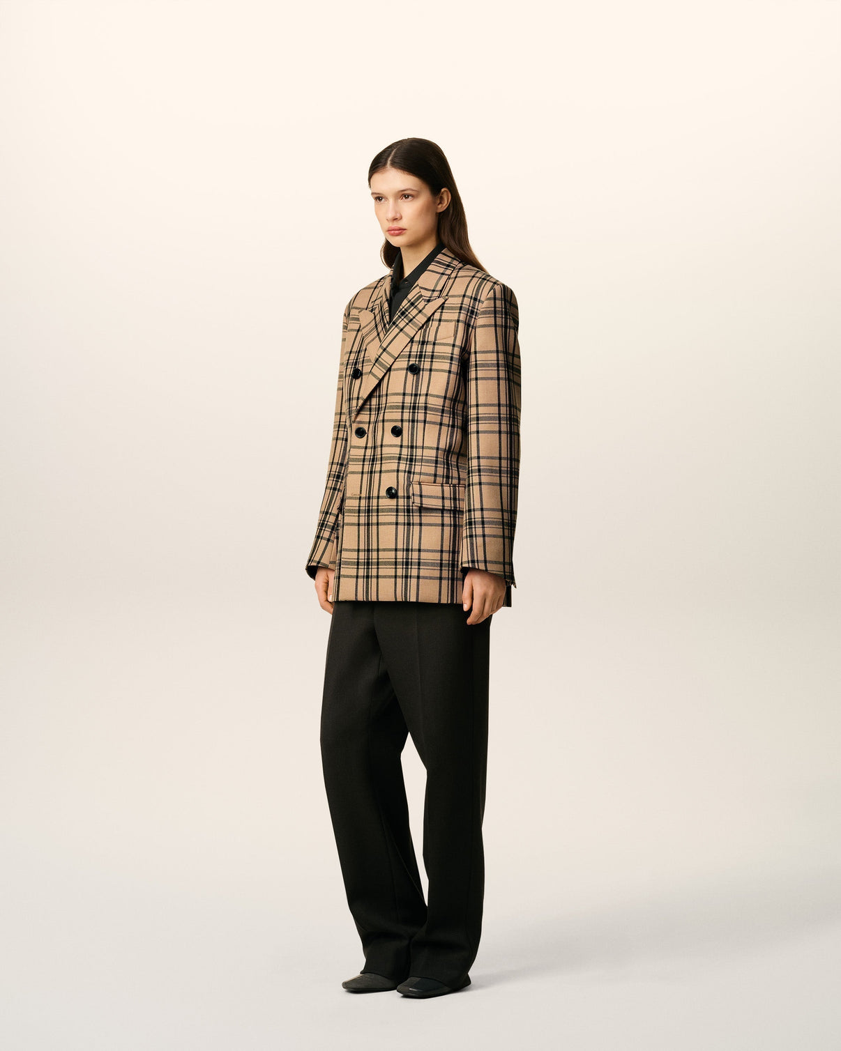 Brown Wool Checked Loose Double Breasted Jacket