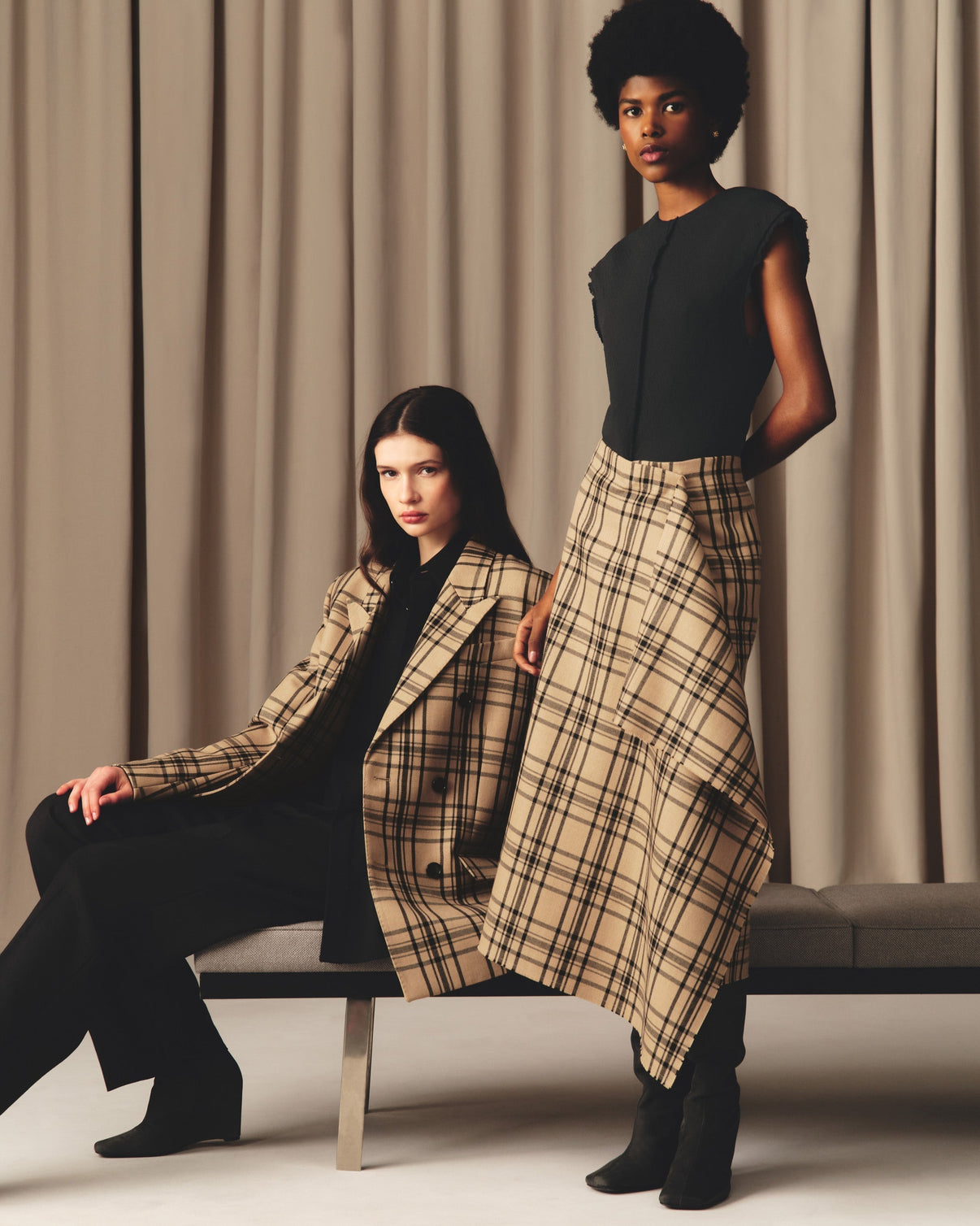 Brown Wool Checked Loose Double Breasted Jacket