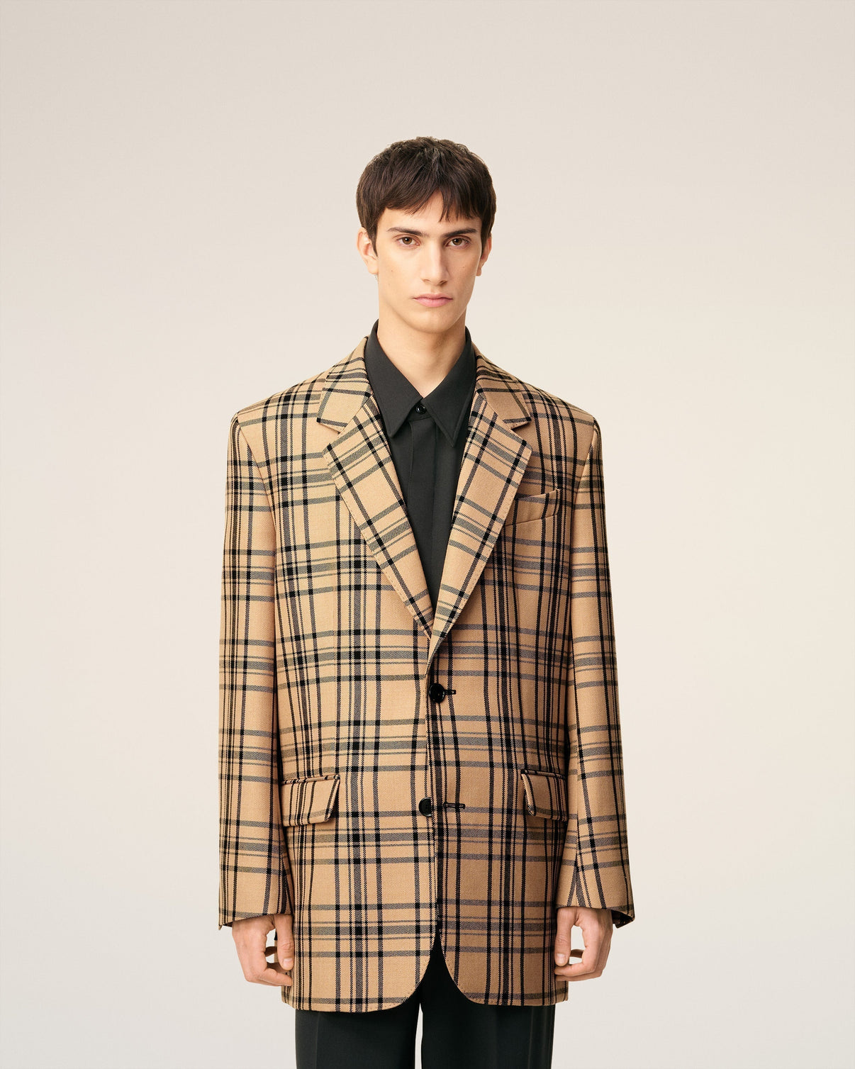 Brown Wool Checked Loose Jacket