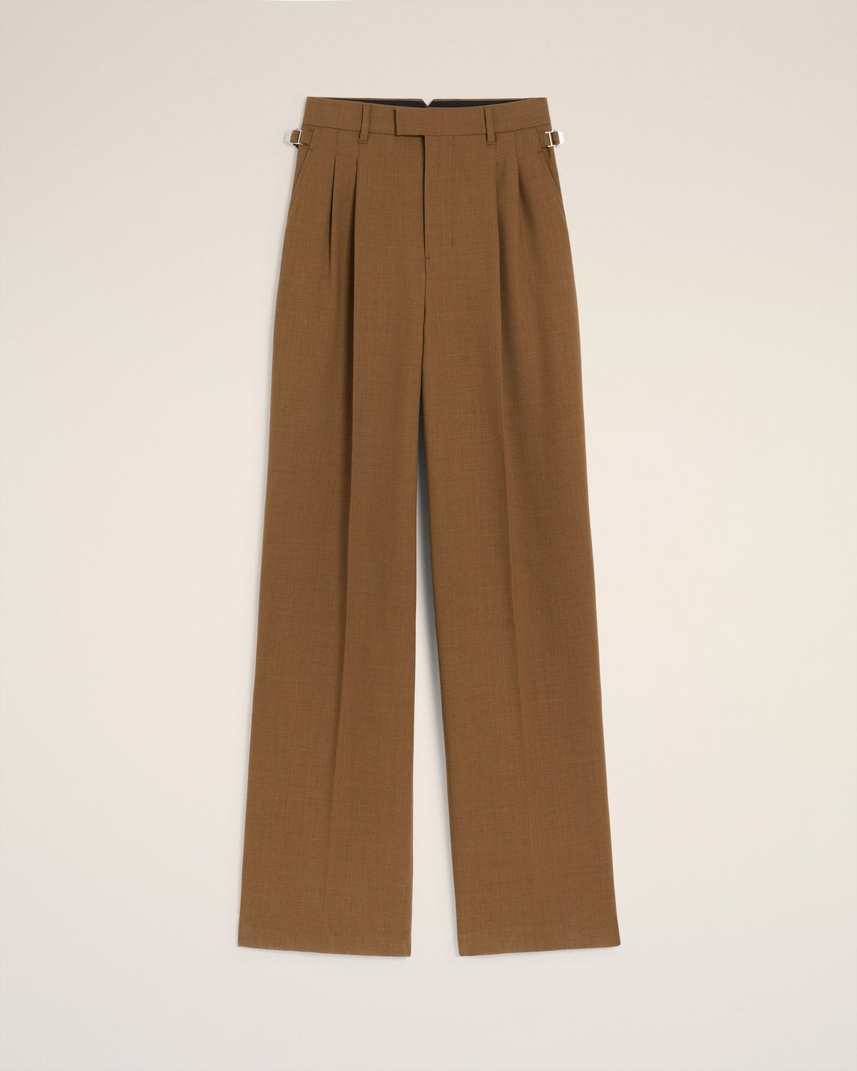 Brown Wool High Waist Tabs Wide Trousers