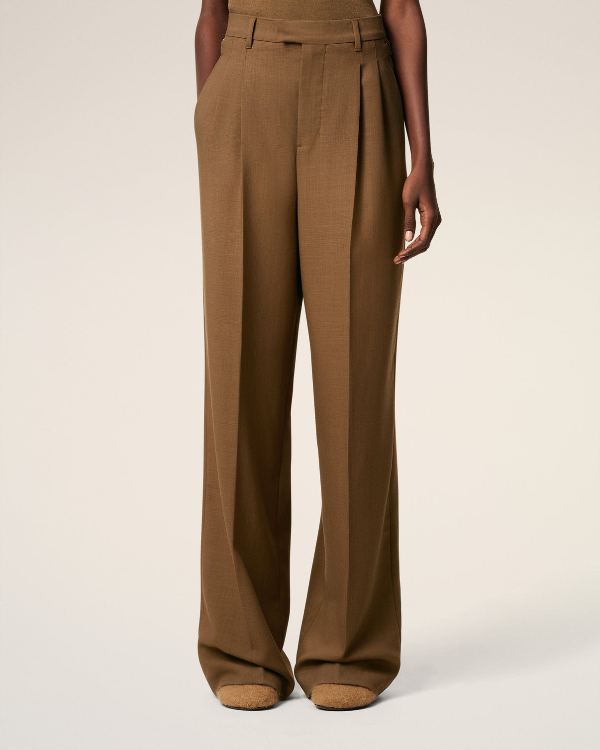 Brown Wool High Waist Tabs Wide Trousers