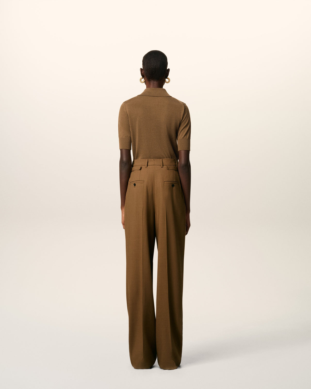 Brown Wool High Waist Tabs Wide Trousers